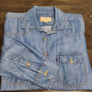 One World Brothers Men's Shirt L‎ Long Sleeve Denim Washed Chambray Western Work